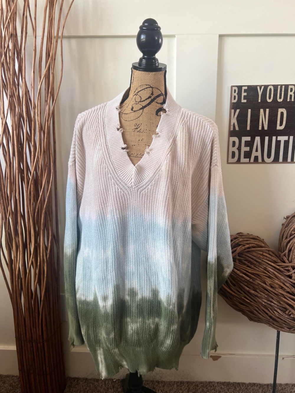 Young Fabulous & Broke V-Neck Tie-Dye Sweater in Cream, Blue & Green